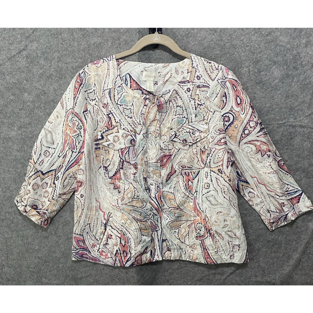 Chicos Linen Jacket Womens Sz 2 US 12 Cream Floral Pockets Full‎ Zip Lightweight
